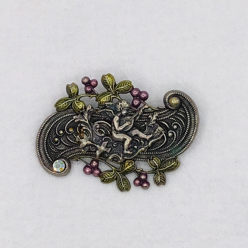 VTG Brooch Plate Cherub Birds Garden Grapes Scroll Antique Gold Tone